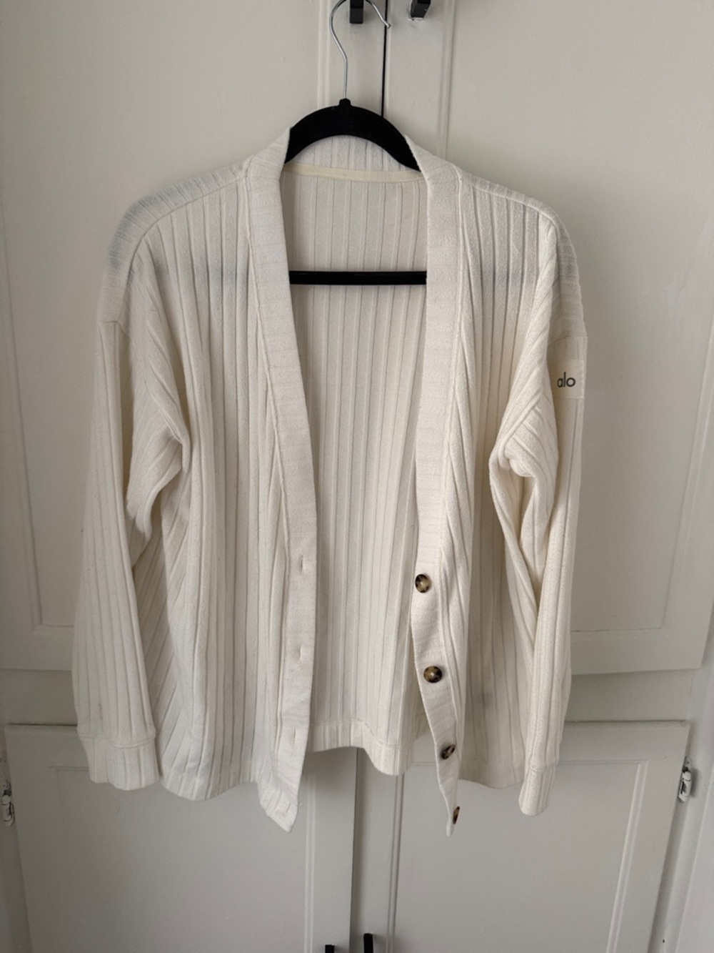 ALO Yoga Cream Ribbed Open-Front Cardigan